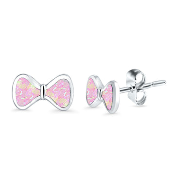 Bow Stud Earrings Lab Created Pink Opal 925 Sterling Silver (5mm)